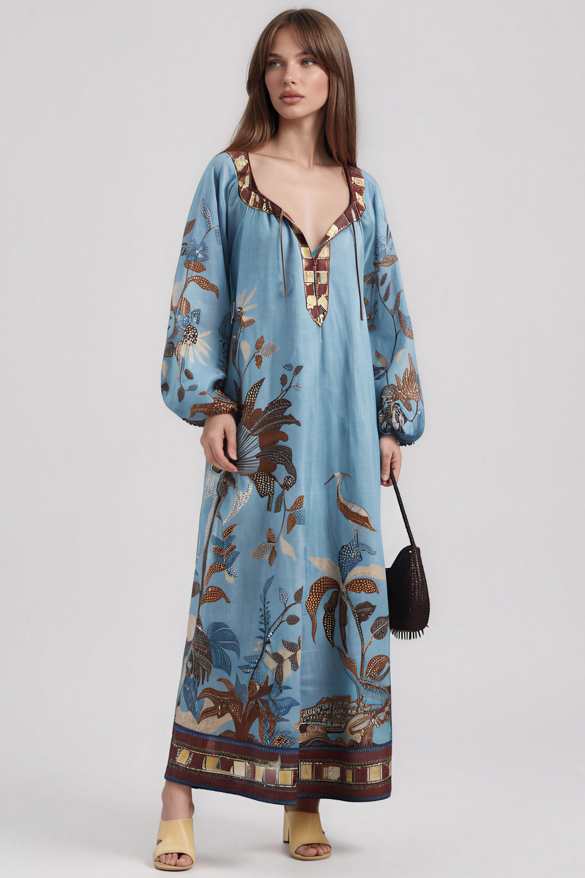 Kanji Balloon Sleeve Print Maxi Dress