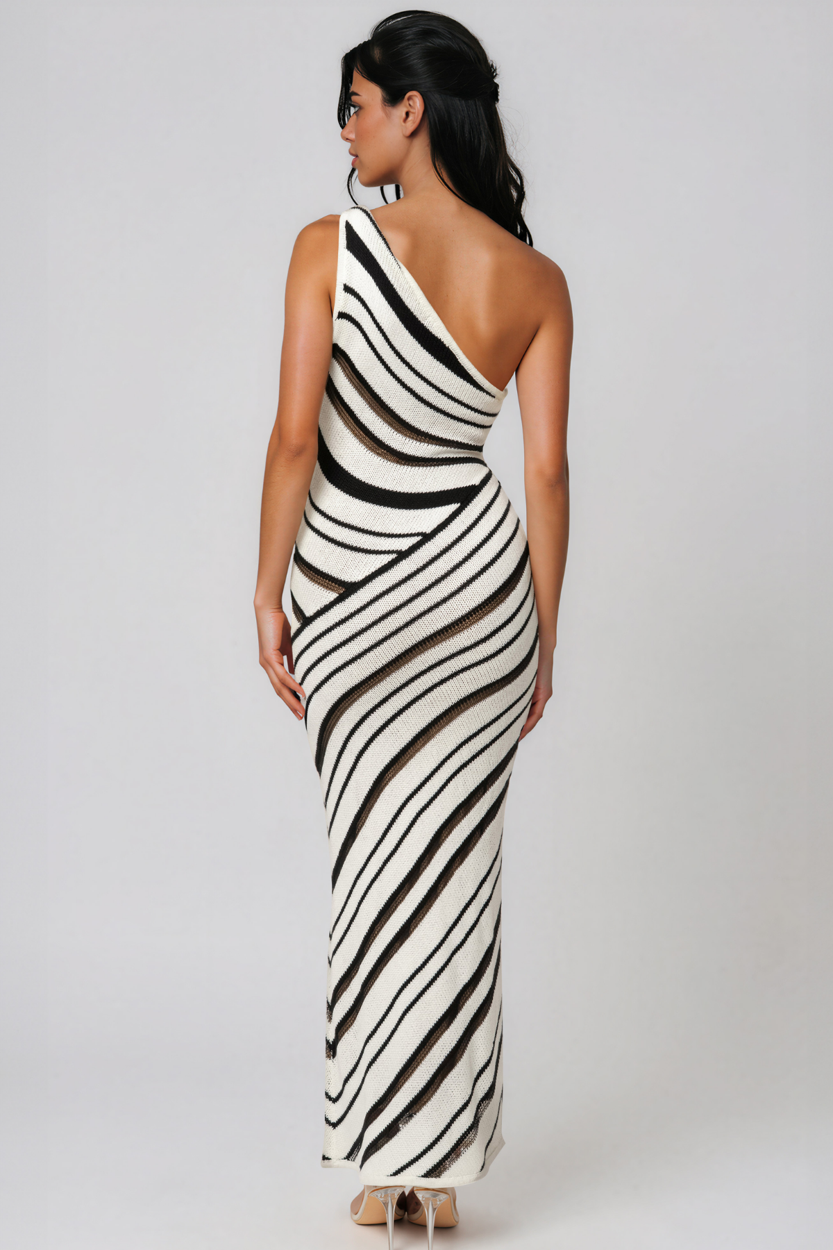 Kanon One Shoulder Knit Stripe Maxi Dress