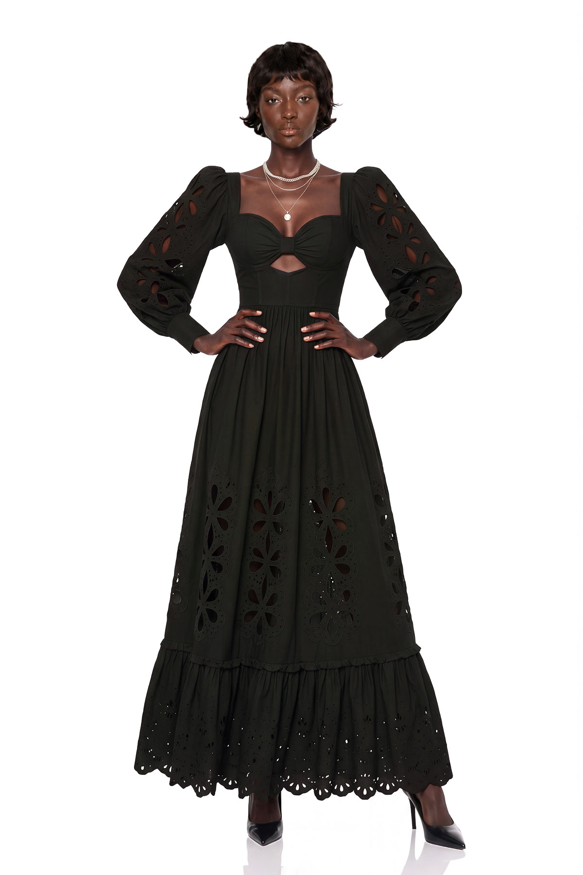 Kantana Balloon Sleeve Cutout Maxi Dress In Black