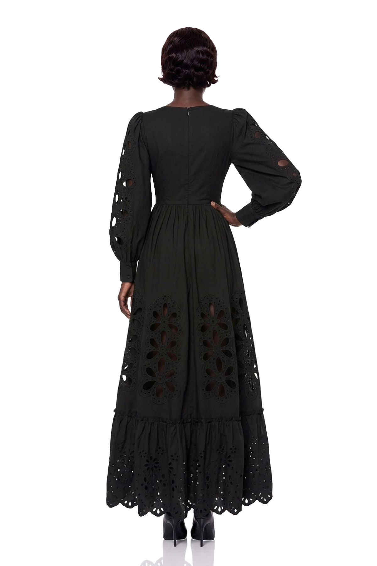 Kantana Balloon Sleeve Cutout Maxi Dress In Black