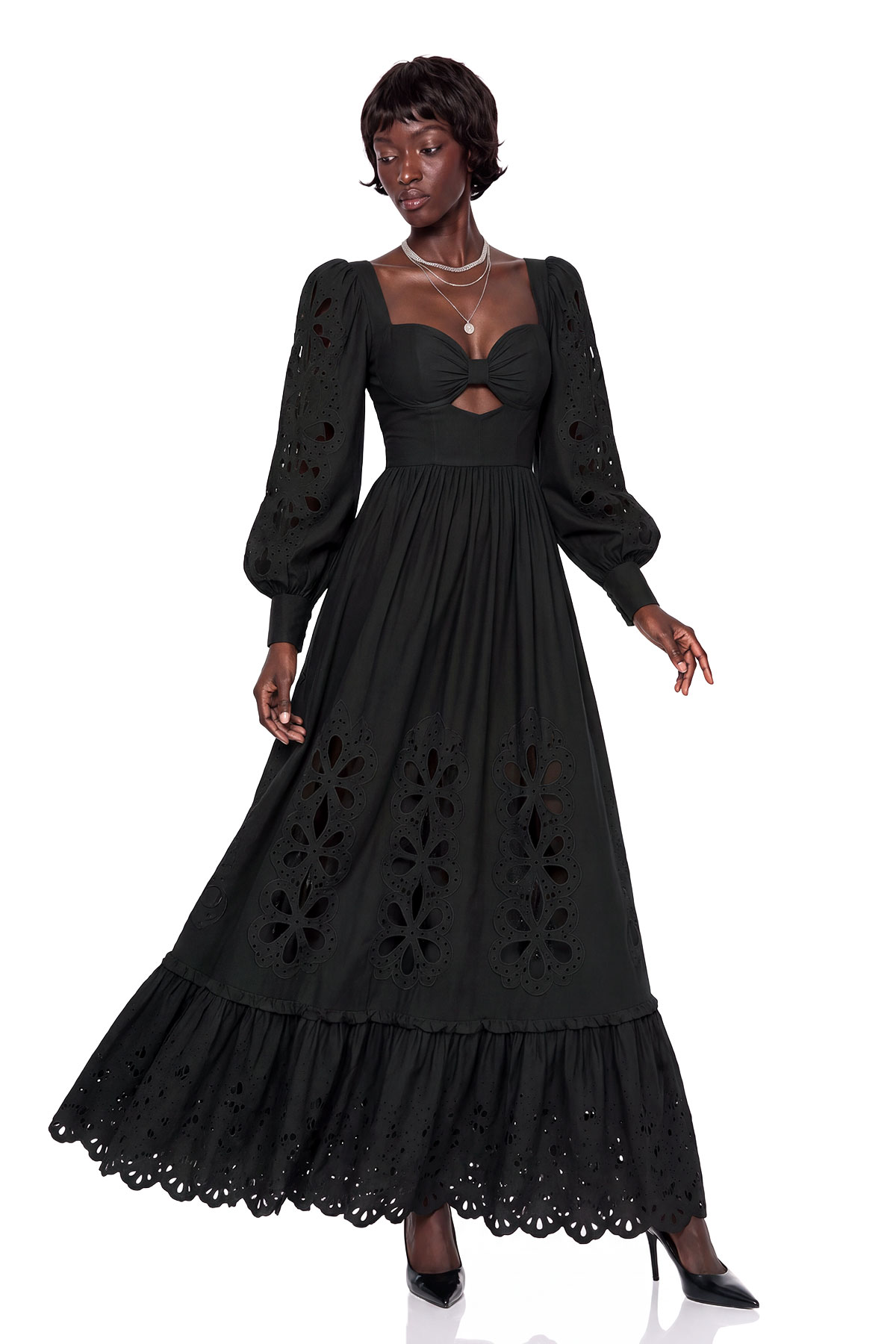 Kantana Balloon Sleeve Cutout Maxi Dress In Black