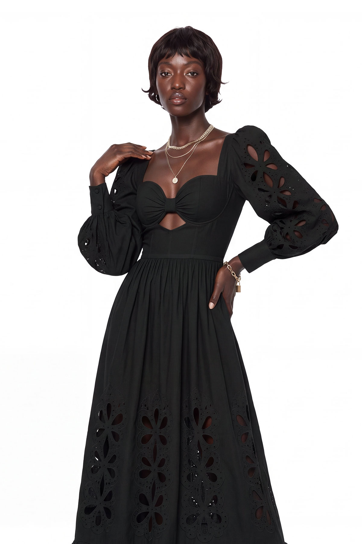 Kantana Balloon Sleeve Cutout Maxi Dress In Black