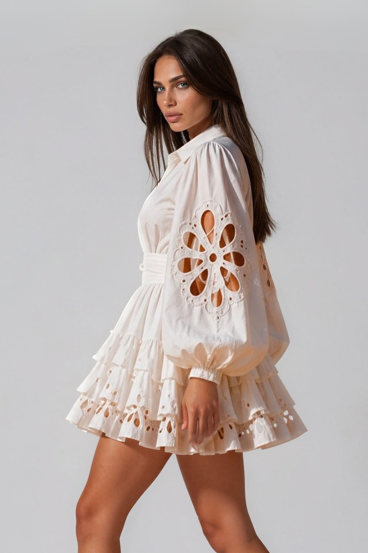 Kantana Balloon Sleeve Cutout Ruffle Mini Dress