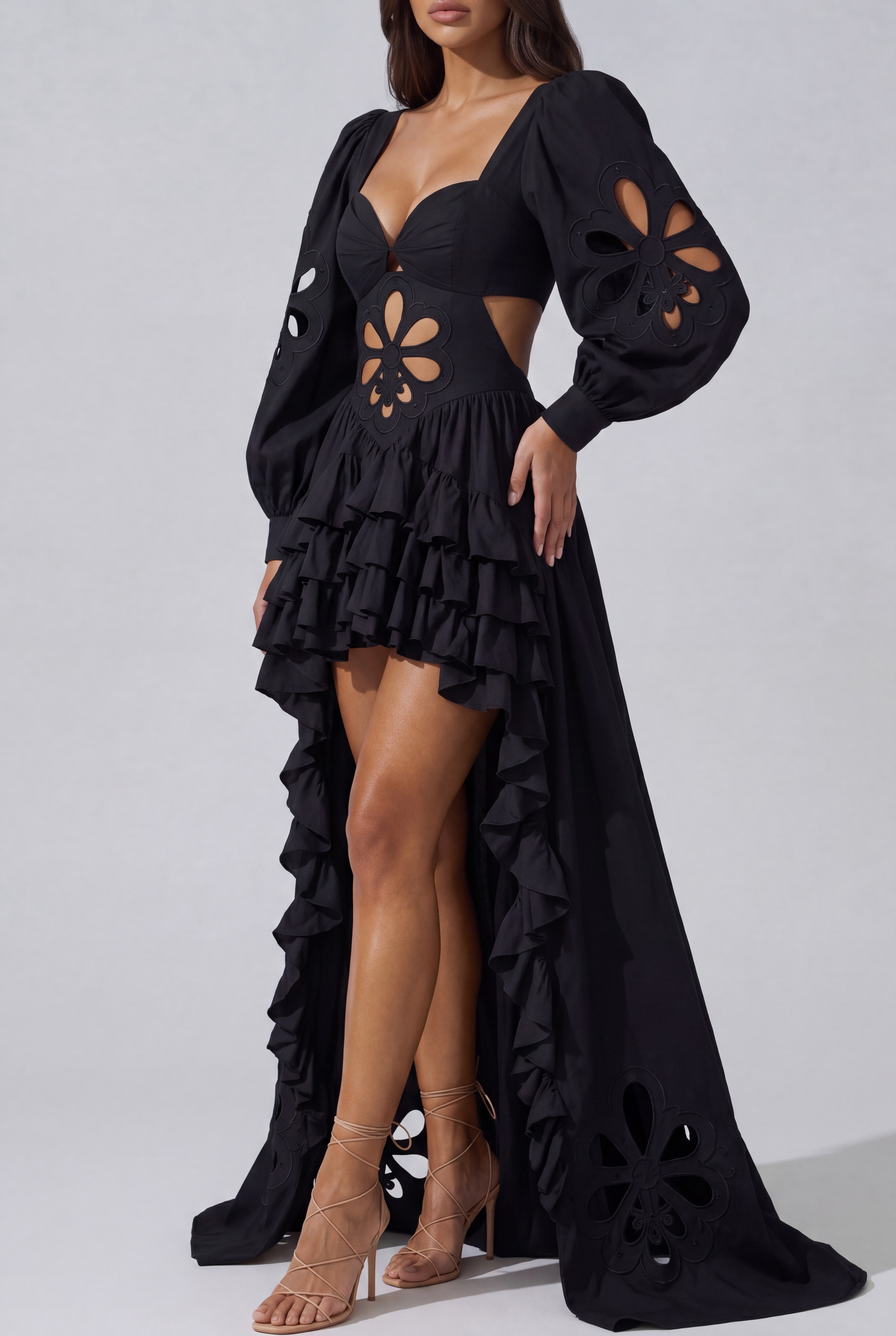 Kantana Balloon Sleeve Ruffle High Low Dress In Black