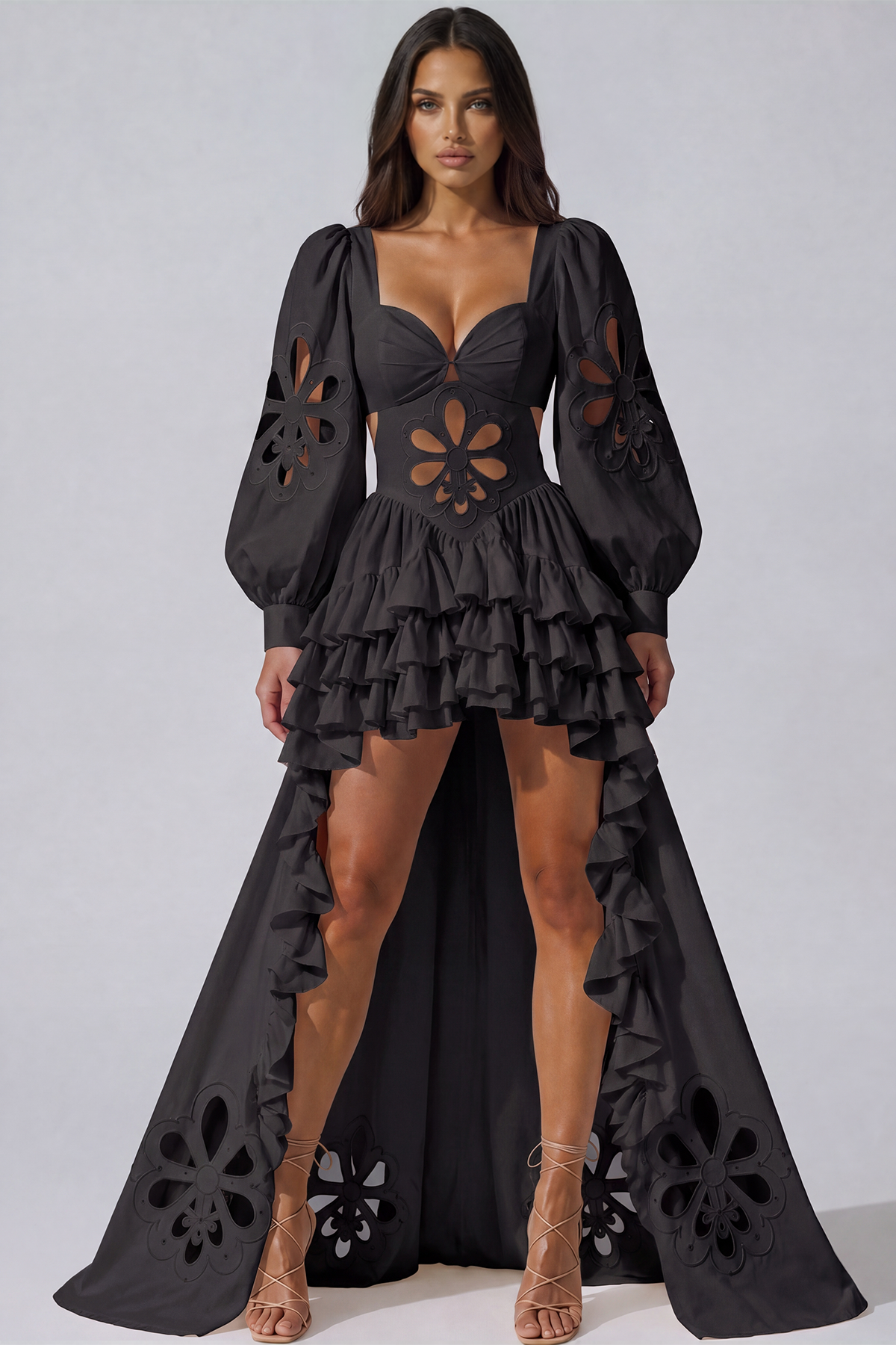 Kantana Balloon Sleeve Ruffle High Low Dress In Black