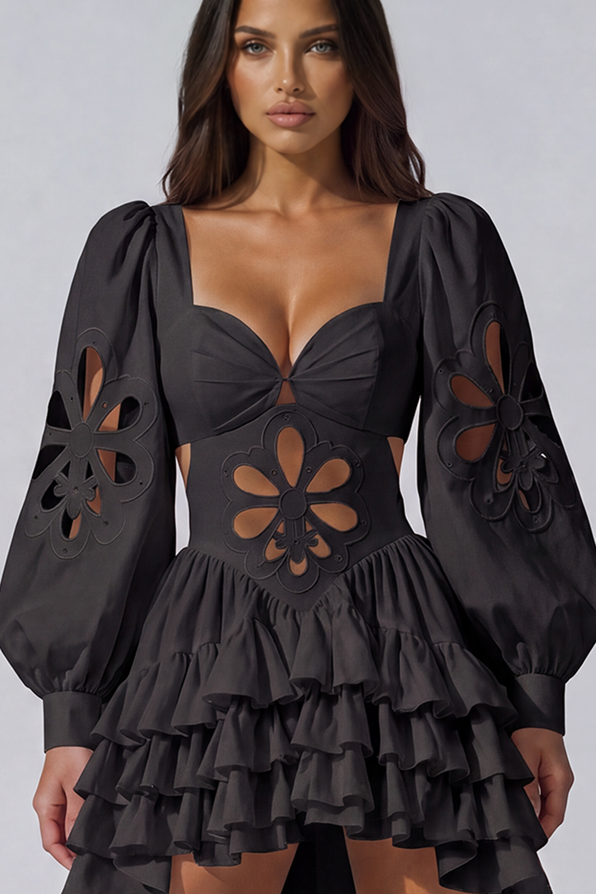 Kantana Balloon Sleeve Ruffle High Low Dress In Black