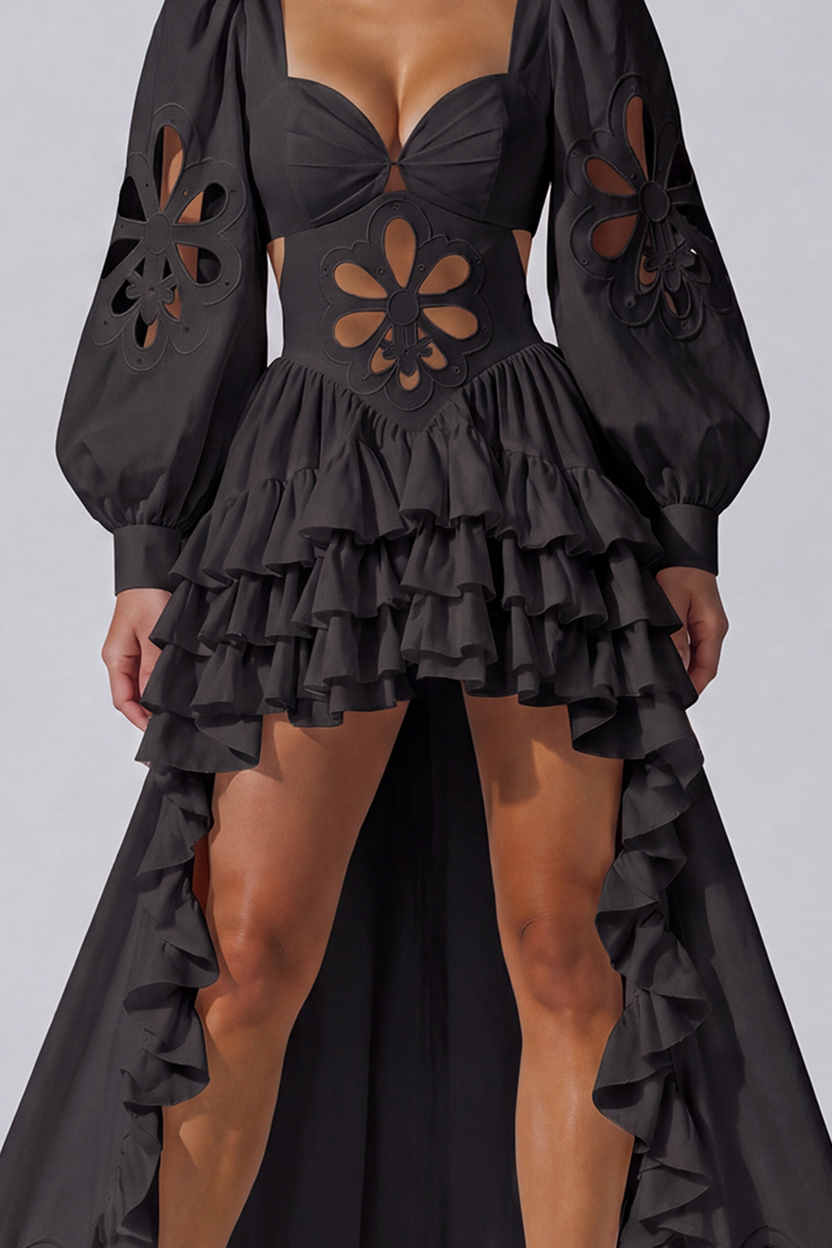 Kantana Balloon Sleeve Ruffle High Low Dress In Black