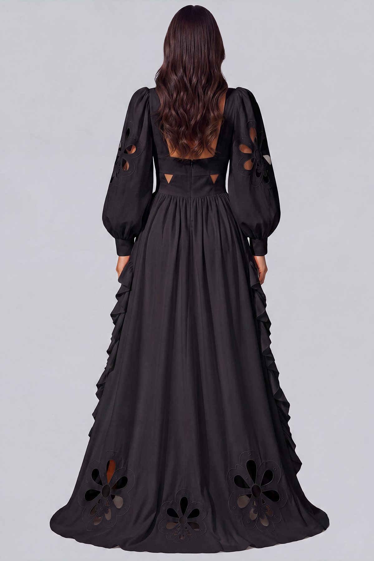 Kantana Balloon Sleeve Ruffle High Low Dress In Black