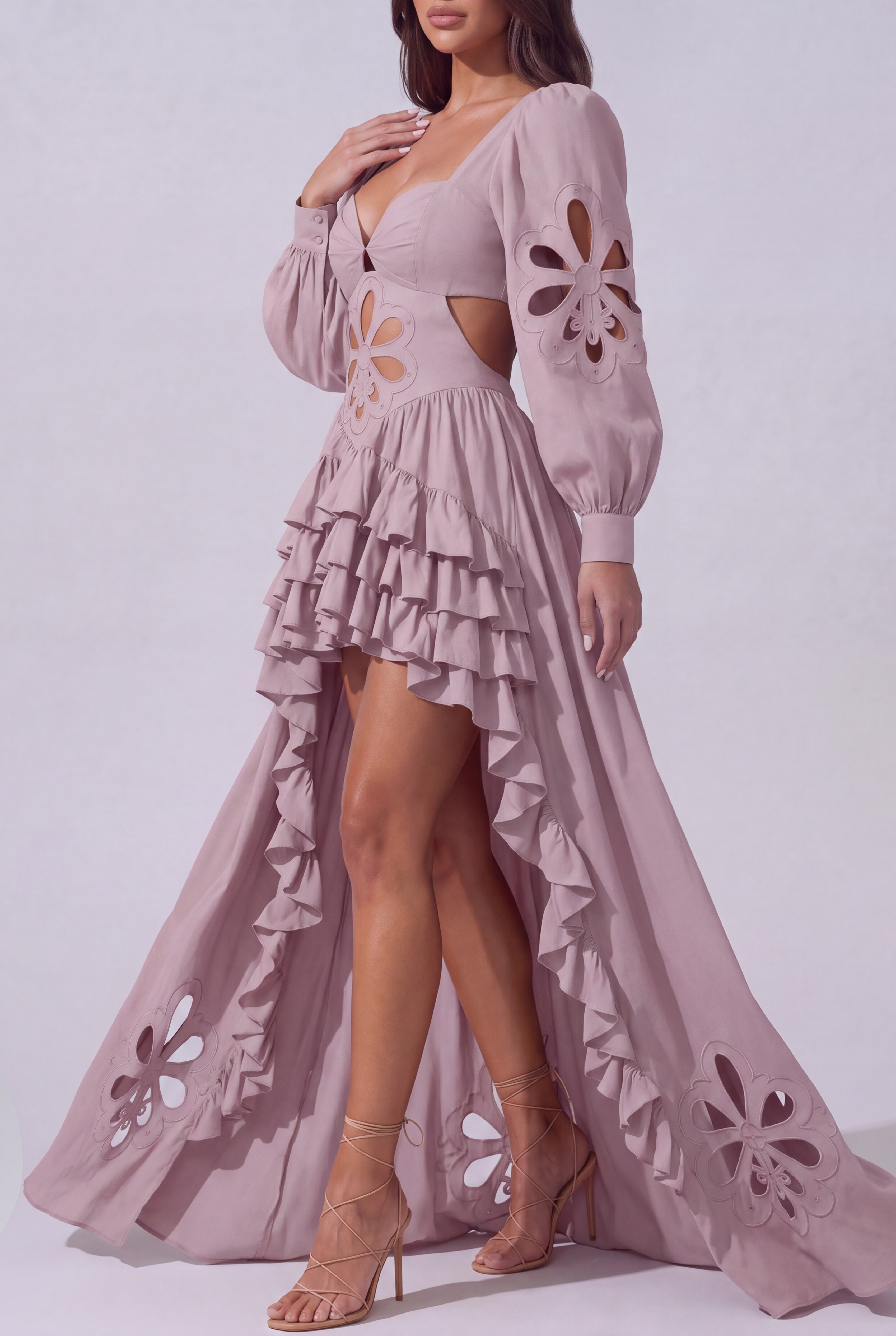 Kantana Balloon Sleeve Ruffle High Low Dress In Pink