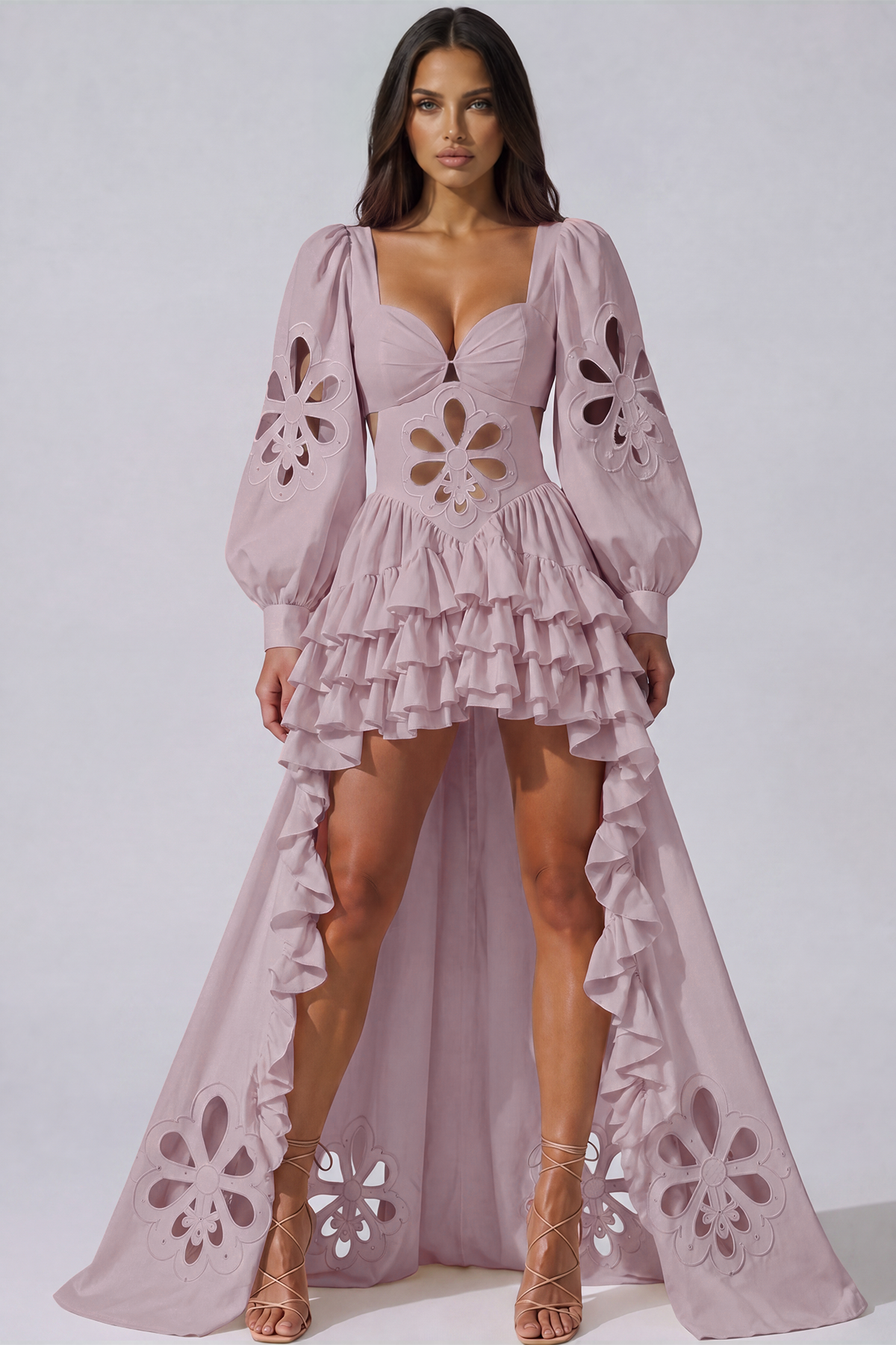 Kantana Balloon Sleeve Ruffle High Low Dress In Pink