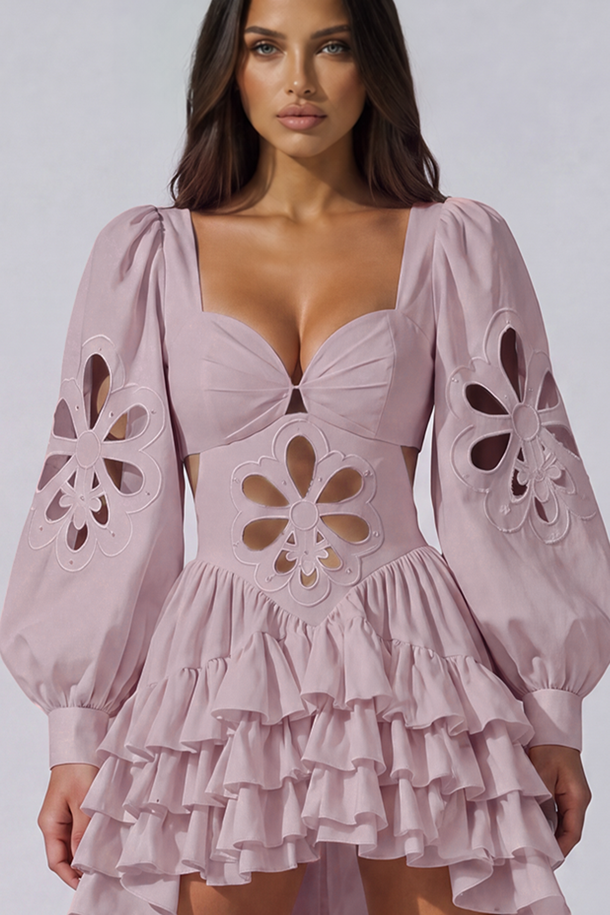 Kantana Balloon Sleeve Ruffle High Low Dress In Pink