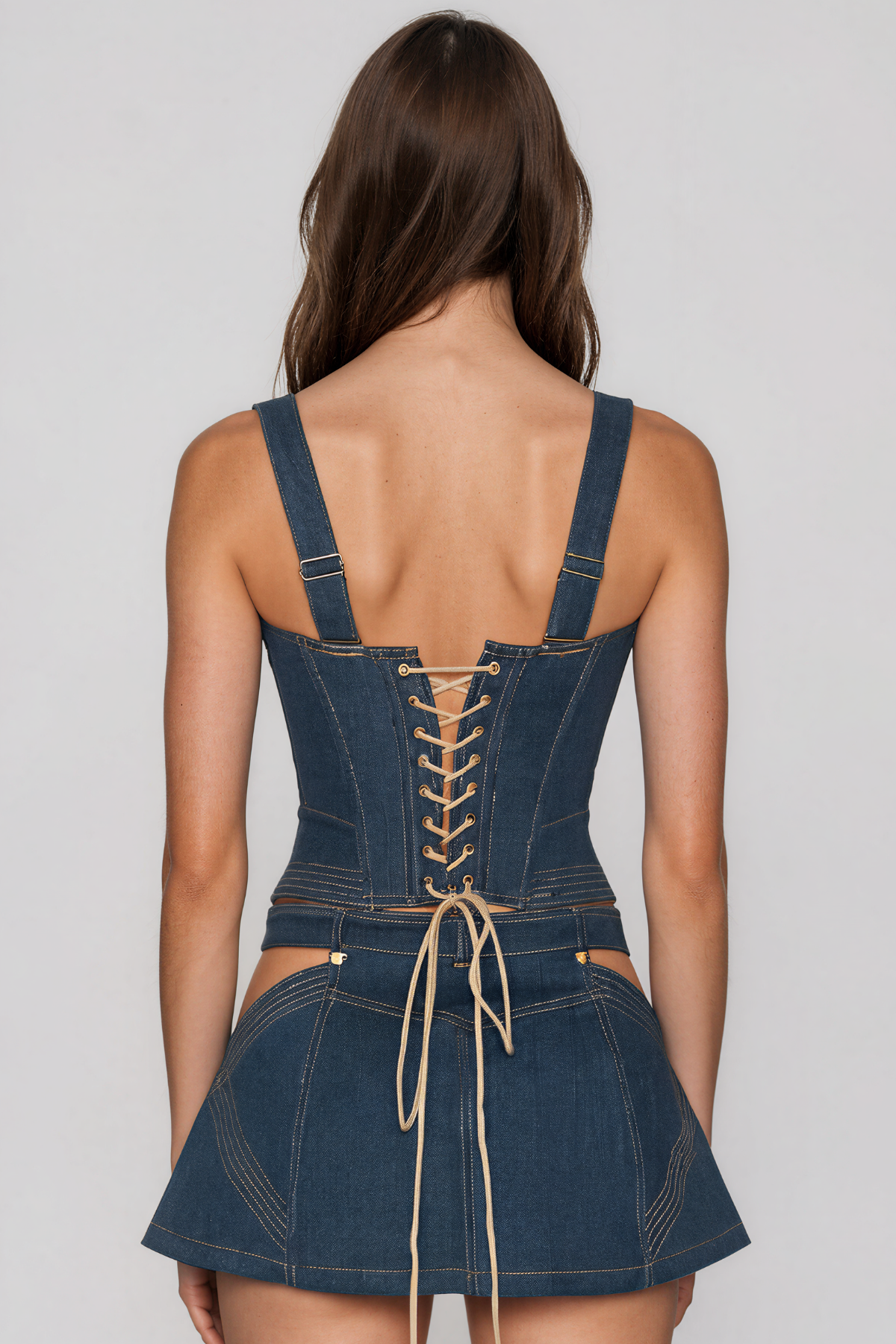 Kapena Spaghetti Cutout Denim Skirt Set