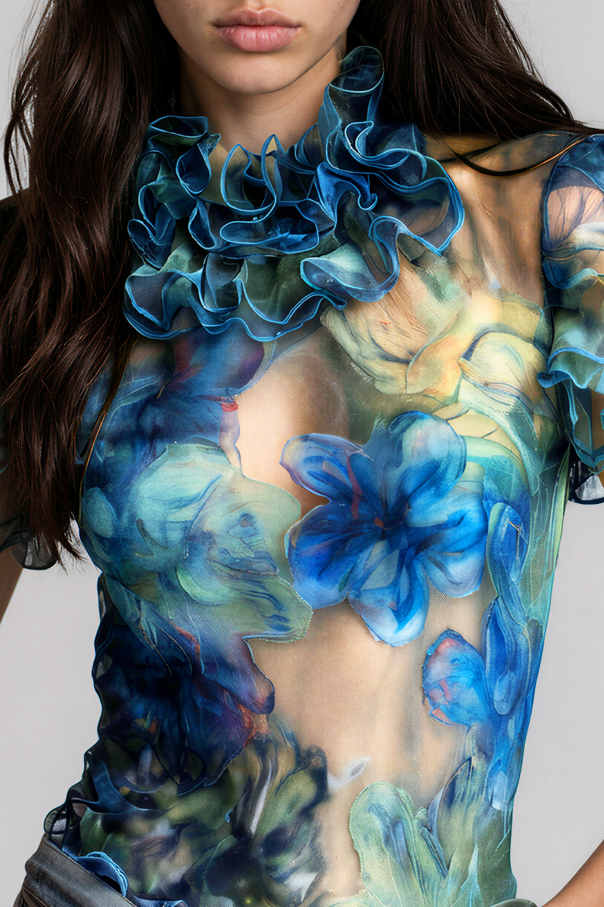Kapono Ruffle Floral Mesh Top