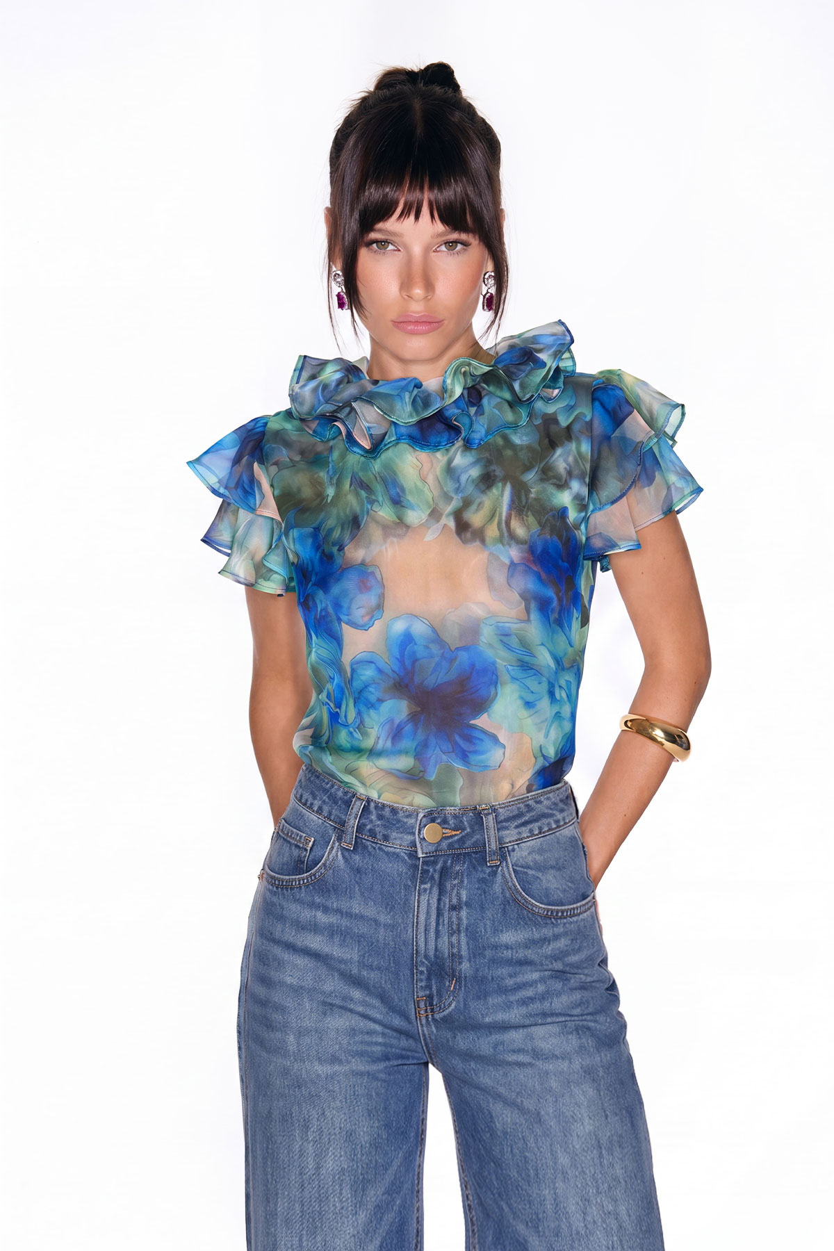 Kapono Ruffle Floral Mesh Top