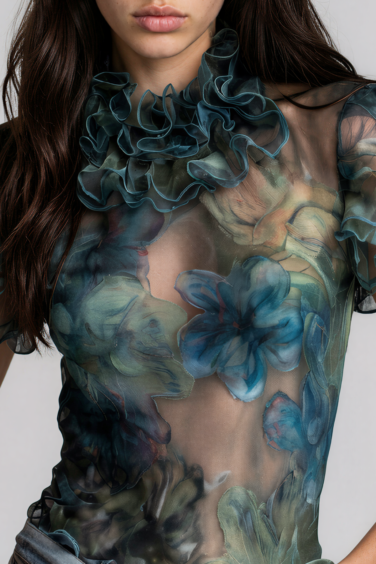 Kapono Ruffle Floral Mesh Top