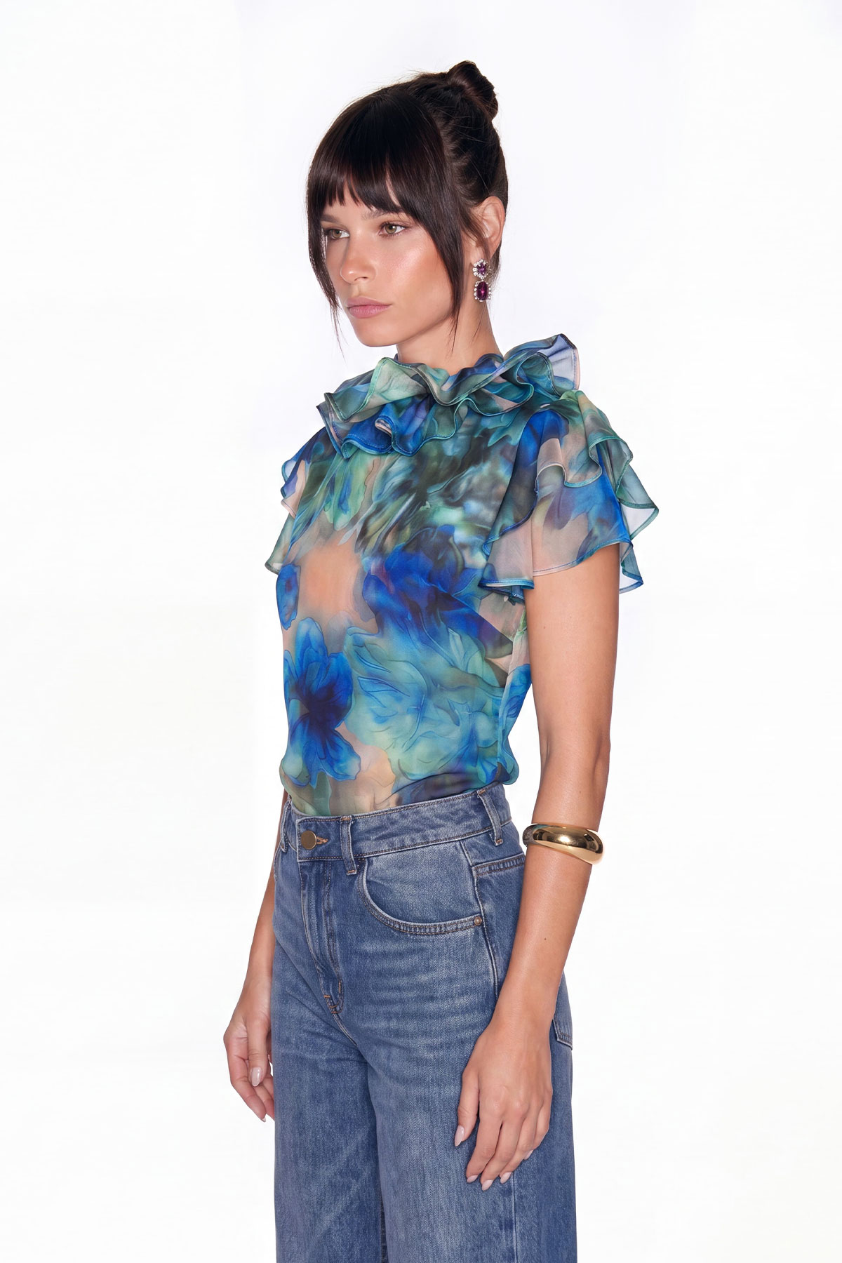 Kapono Ruffle Floral Mesh Top