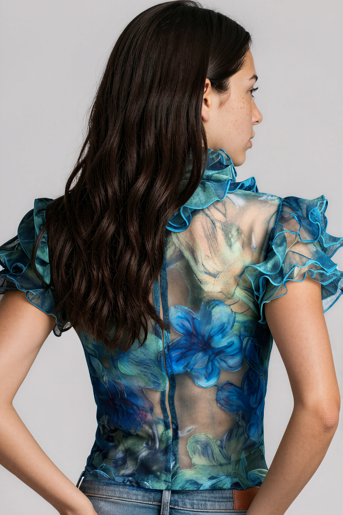 Kapono Ruffle Floral Mesh Top