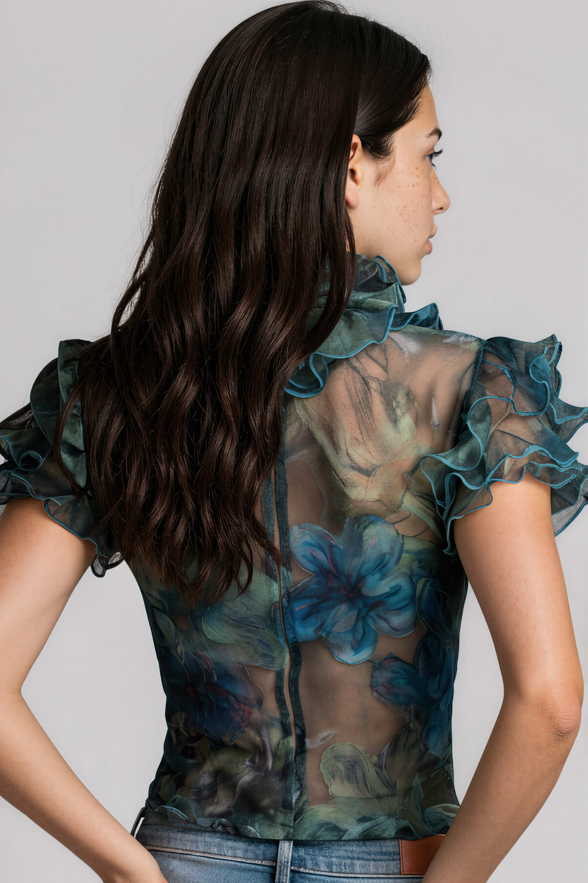 Kapono Ruffle Floral Mesh Top