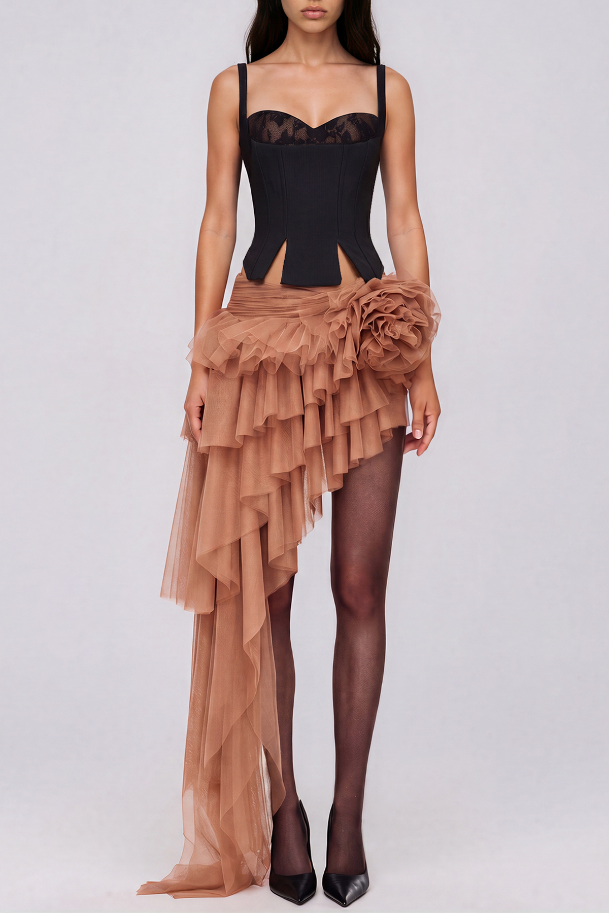 Kara Spaghetti Mesh Asymmetric Skirt Set