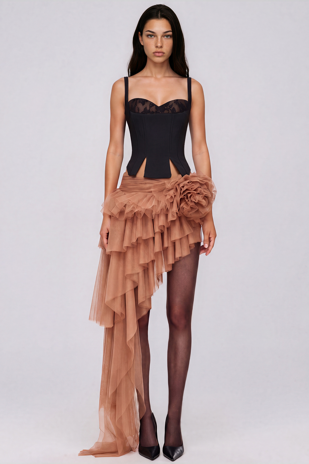 Kara Spaghetti Mesh Asymmetric Skirt Set
