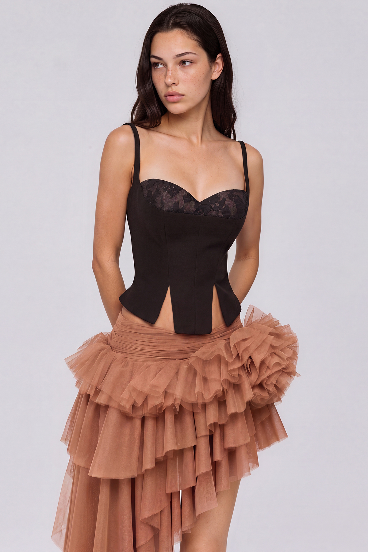 Kara Spaghetti Mesh Asymmetric Skirt Set