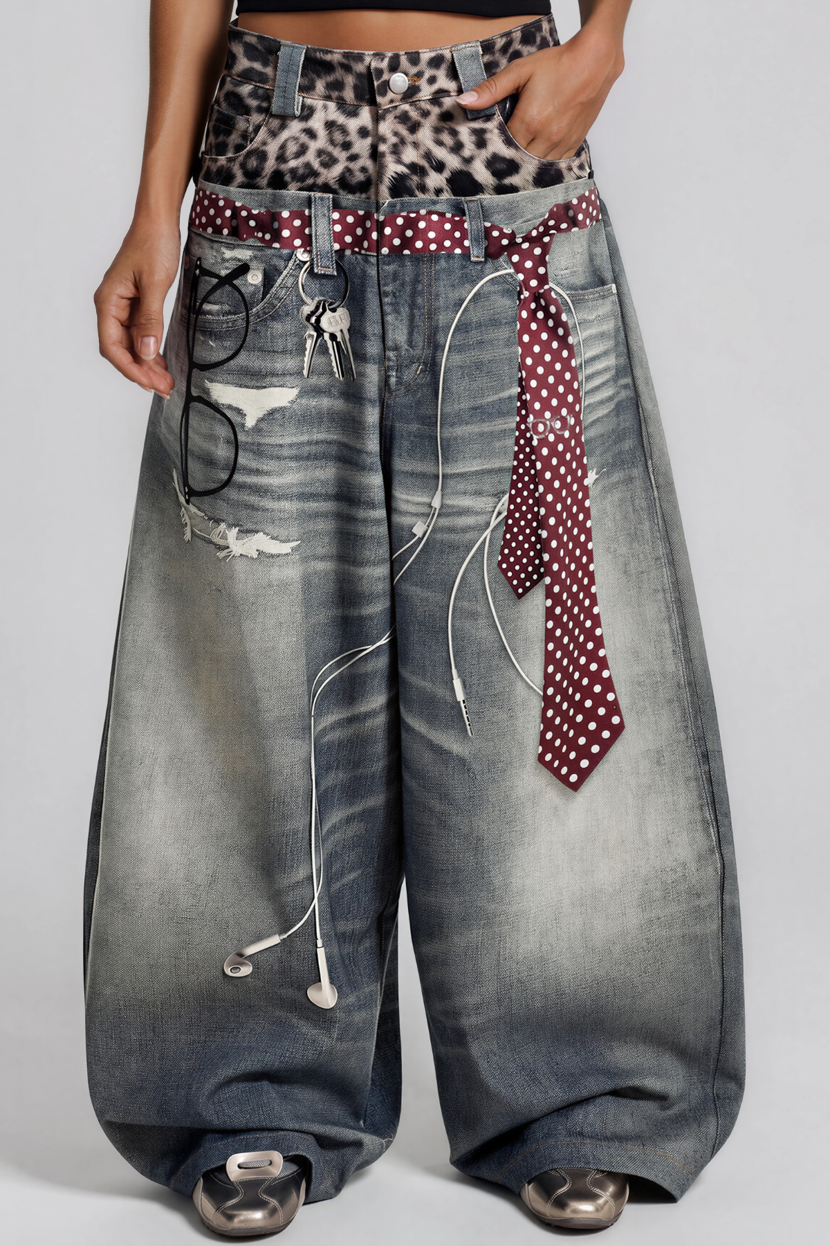 Karl Leopard Print Blenched Jeans 