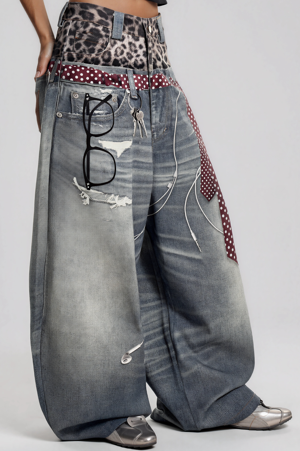 Karl Leopard Print Blenched Jeans 