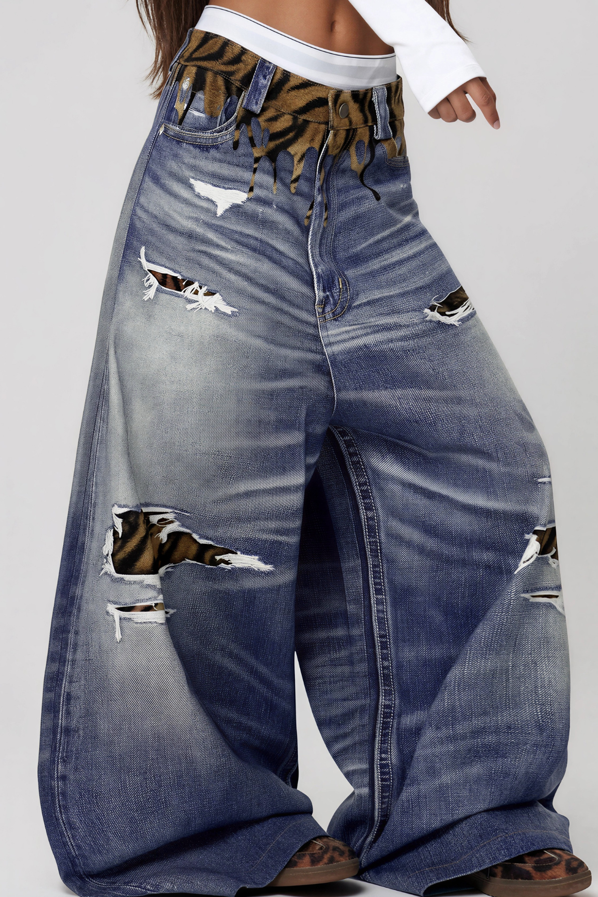 Karleshia Ripped Tiger Print Jeans