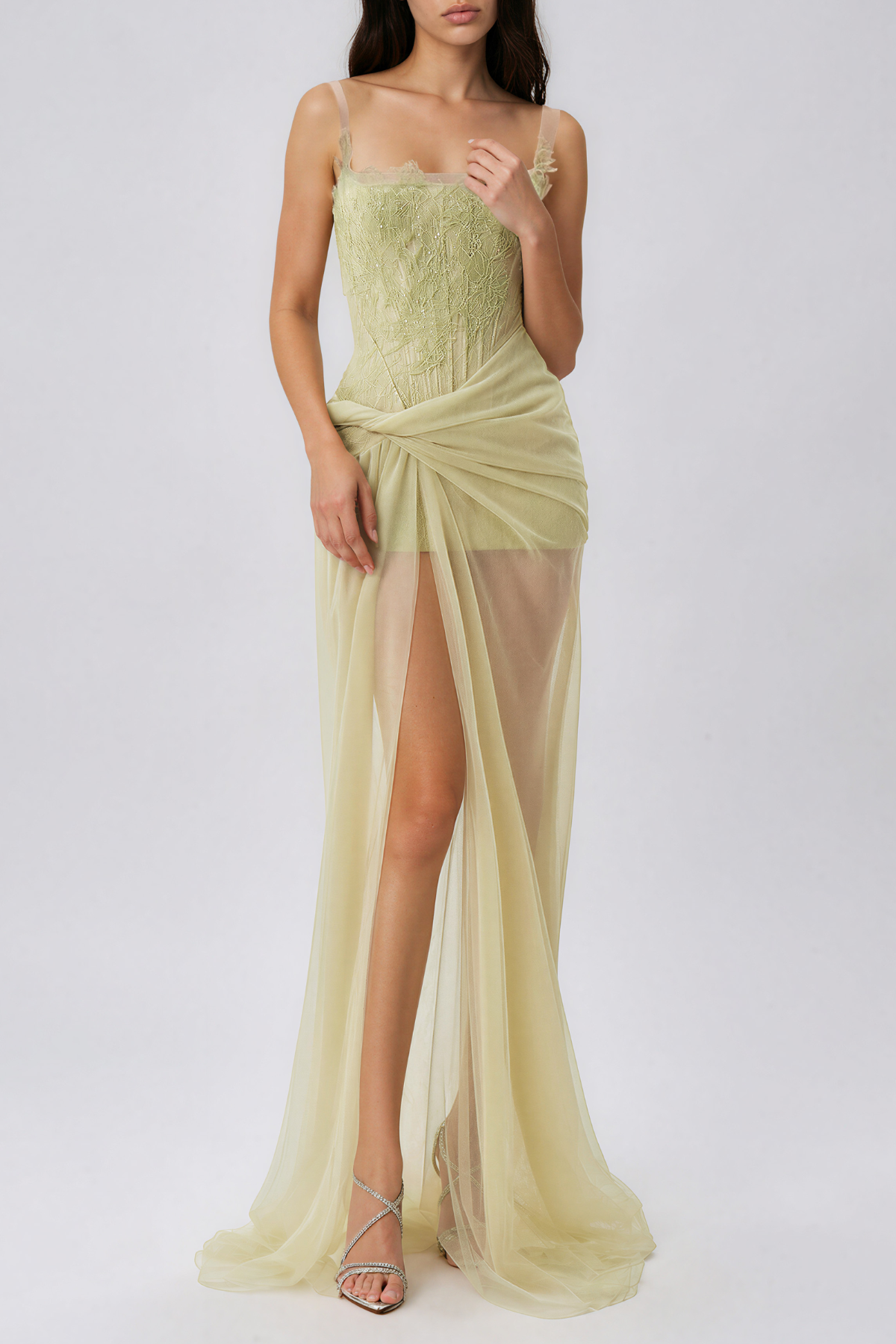 Kasen Asymmetric Mesh Maxi Dress