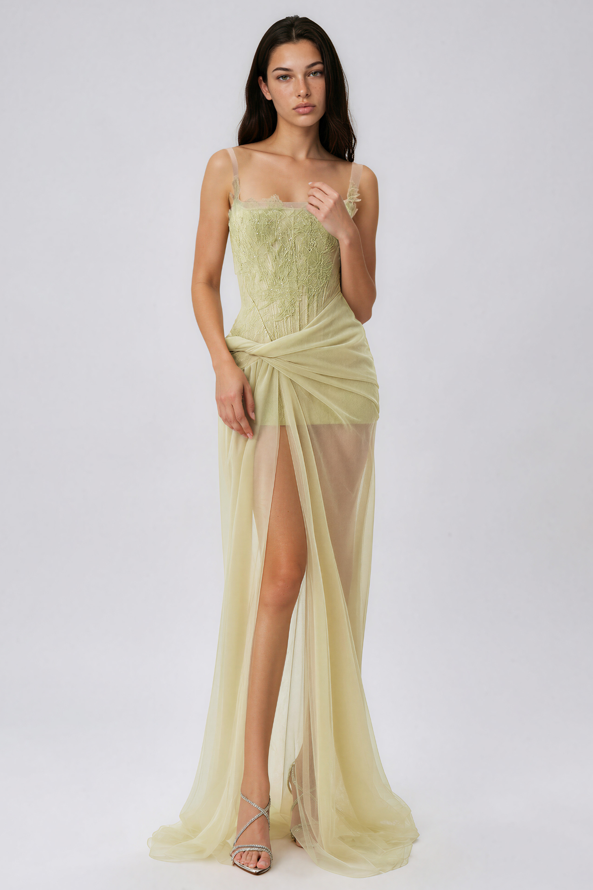 Kasen Asymmetric Mesh Maxi Dress