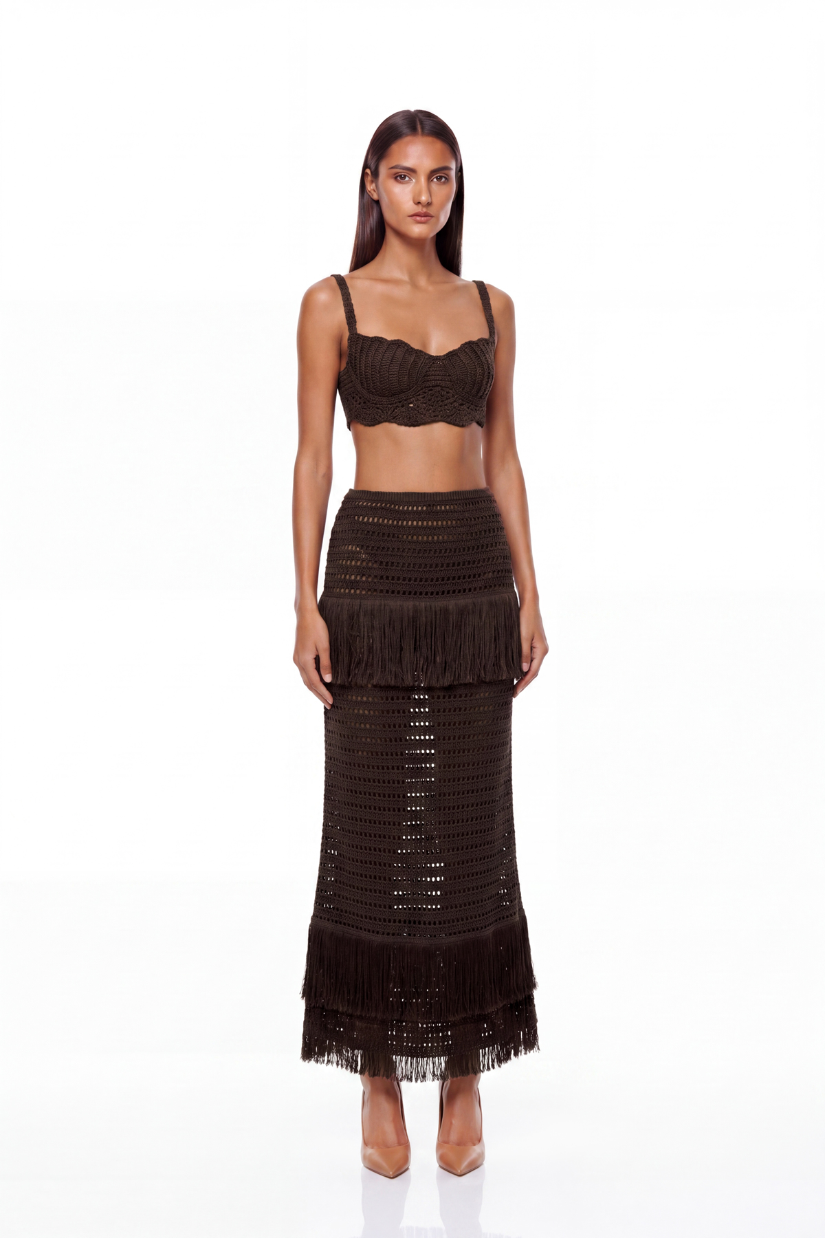 Kata Spaghetti Knit Fringe Skirt Set