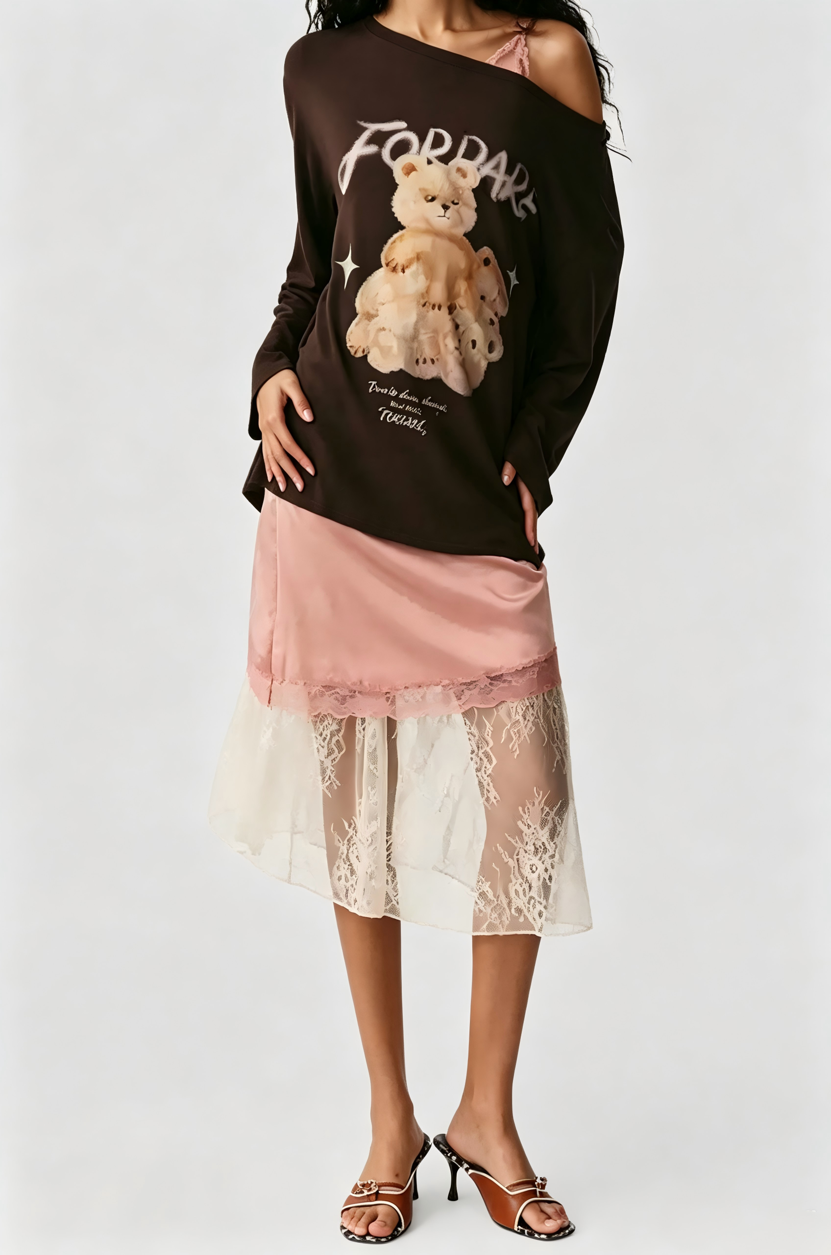 Katarina One Shoulder Print Satin Lace Skirt Set