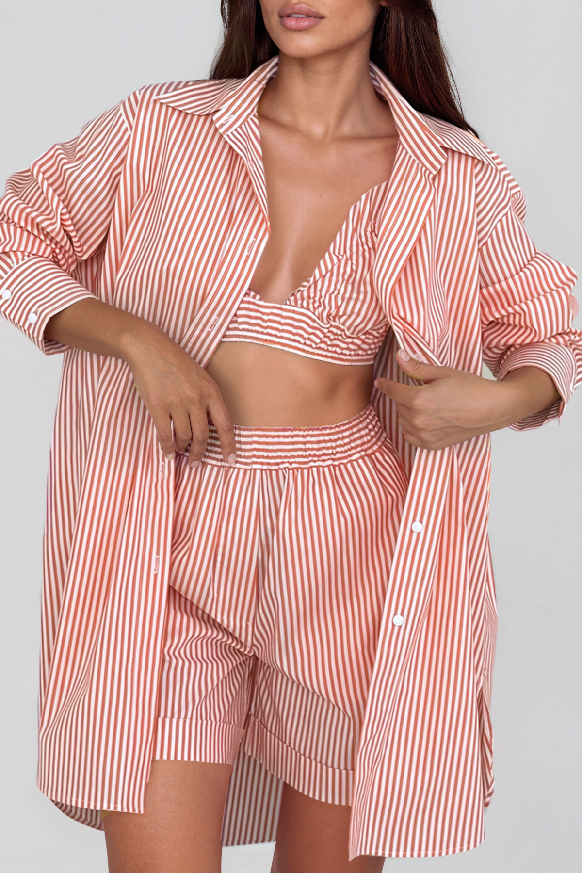 Katell Long Sleeve Stripe Three Piece Shorts Set
