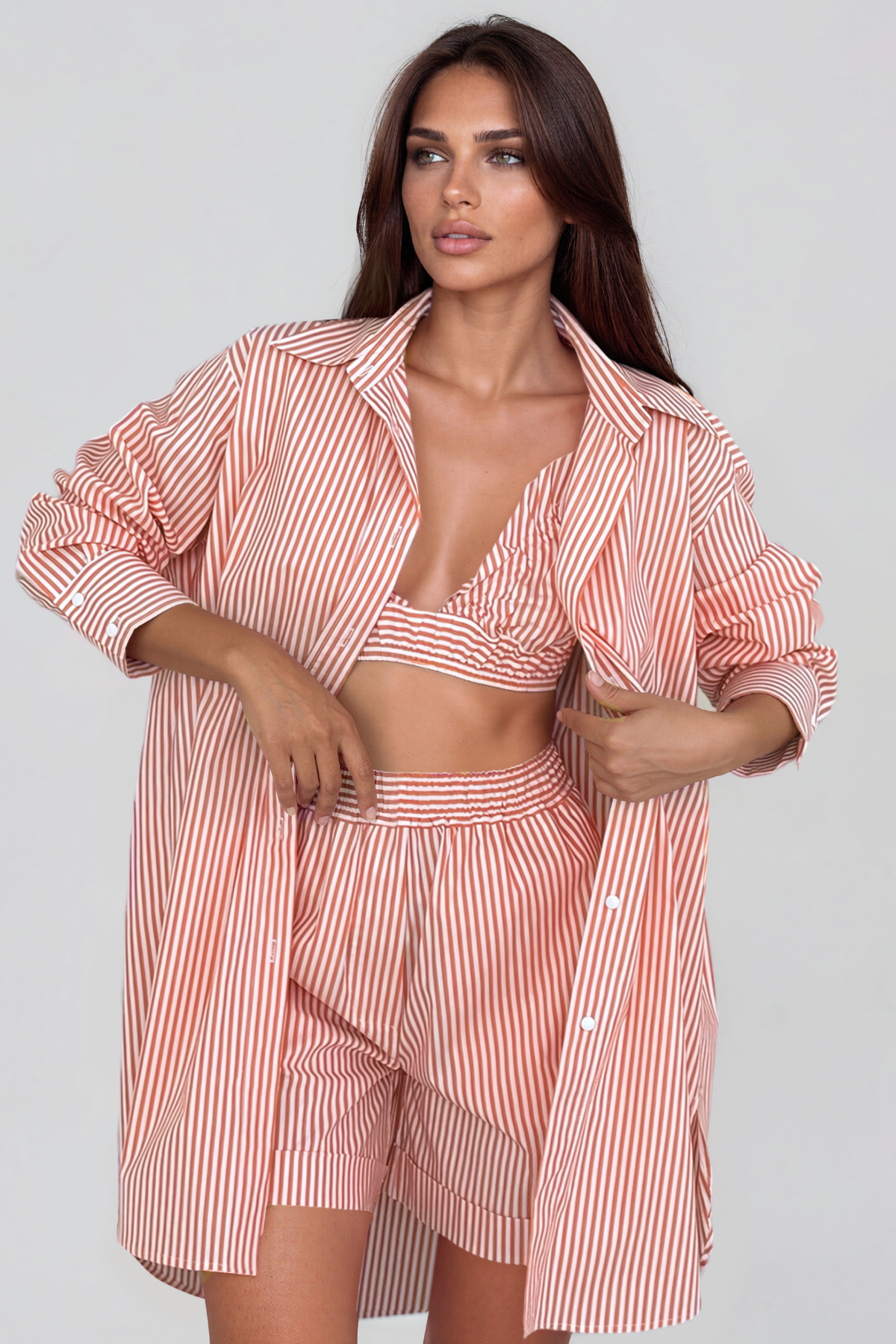 Katell Long Sleeve Stripe Three Piece Shorts Set
