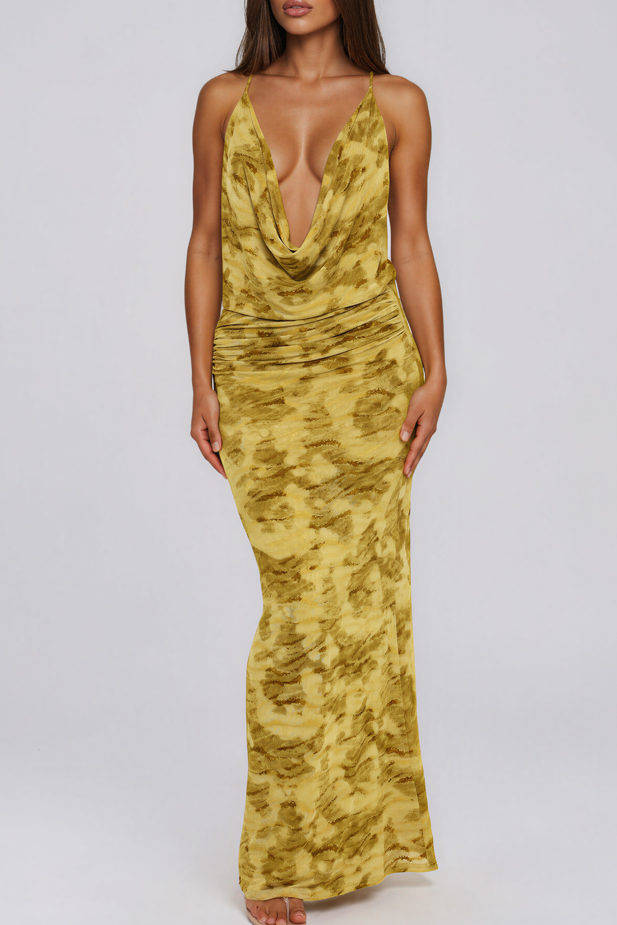 Katerina Cowl Neck Print Ruch Maxi Dress