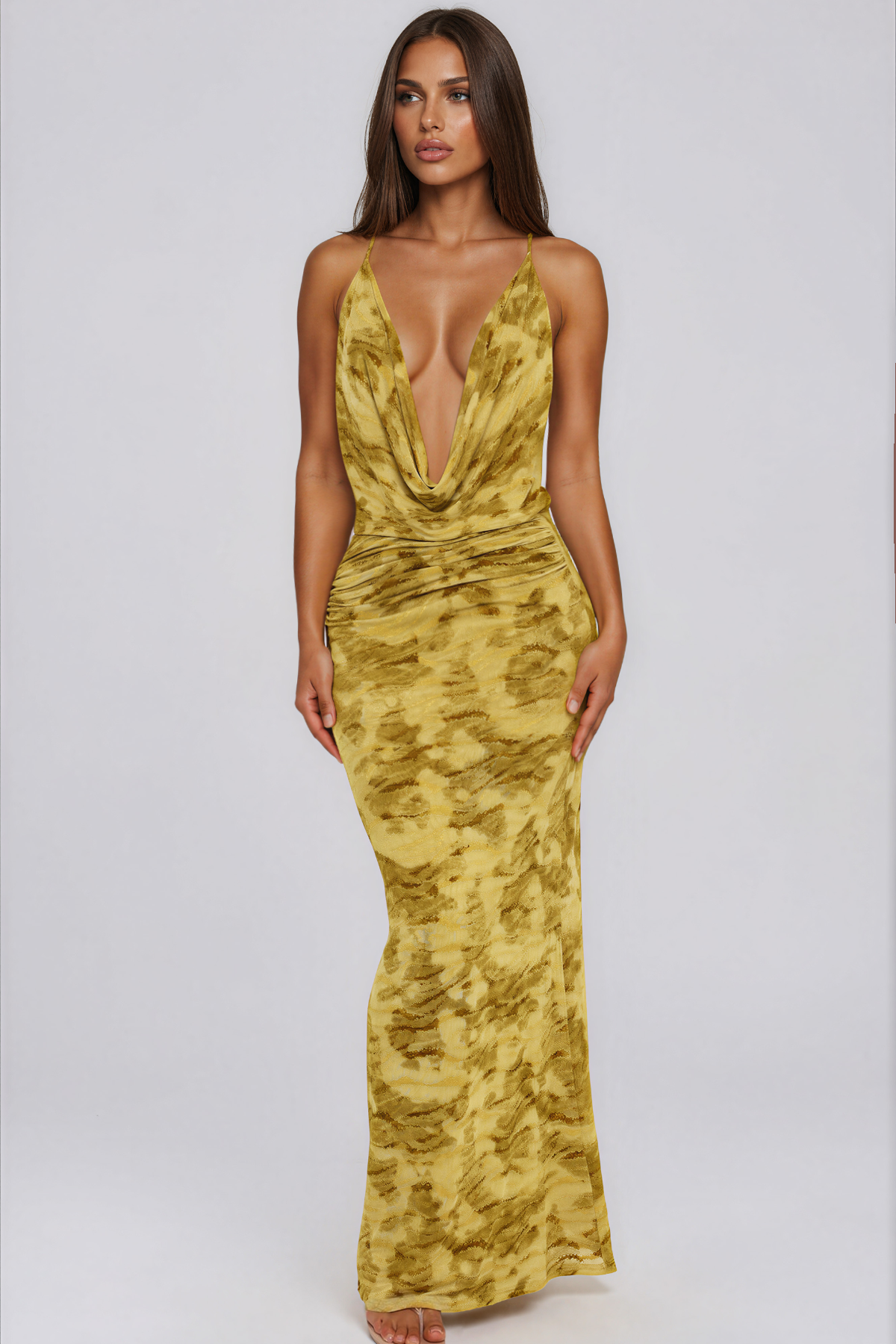 Katerina Cowl Neck Print Ruch Maxi Dress