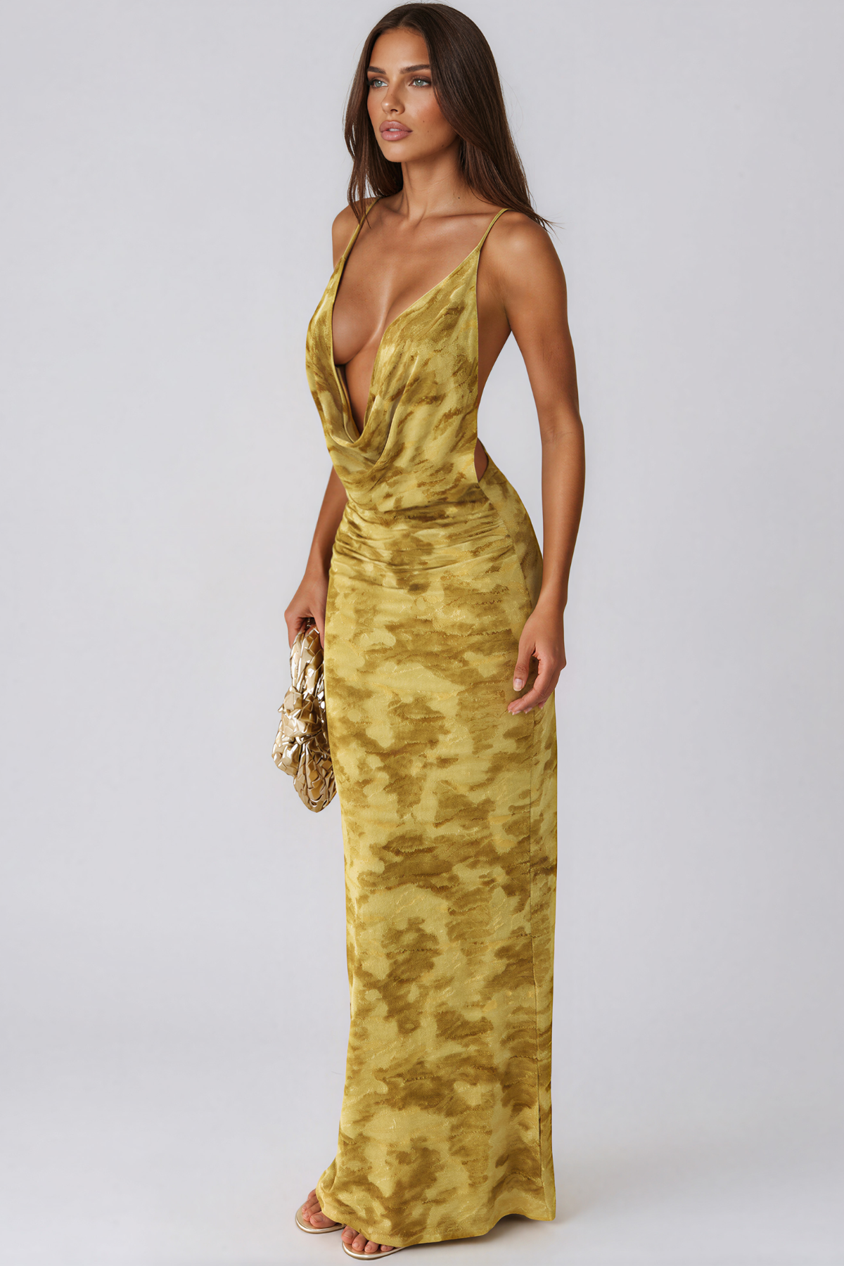 Katerina Cowl Neck Print Ruch Maxi Dress