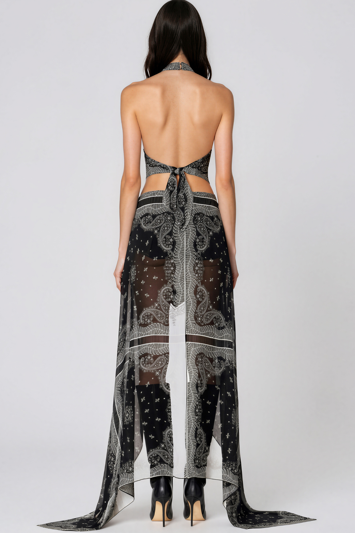Katherine Halter Neck Print Asymmetric Skirt Set In Black