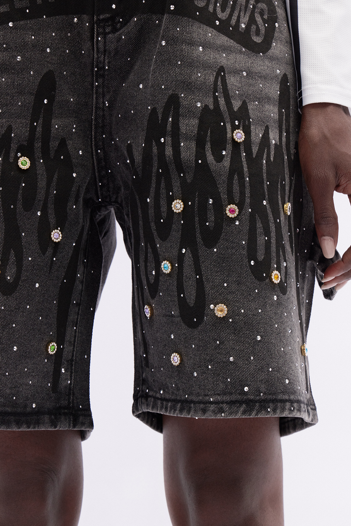 Katniss Print Rhinestone Denim Shorts
