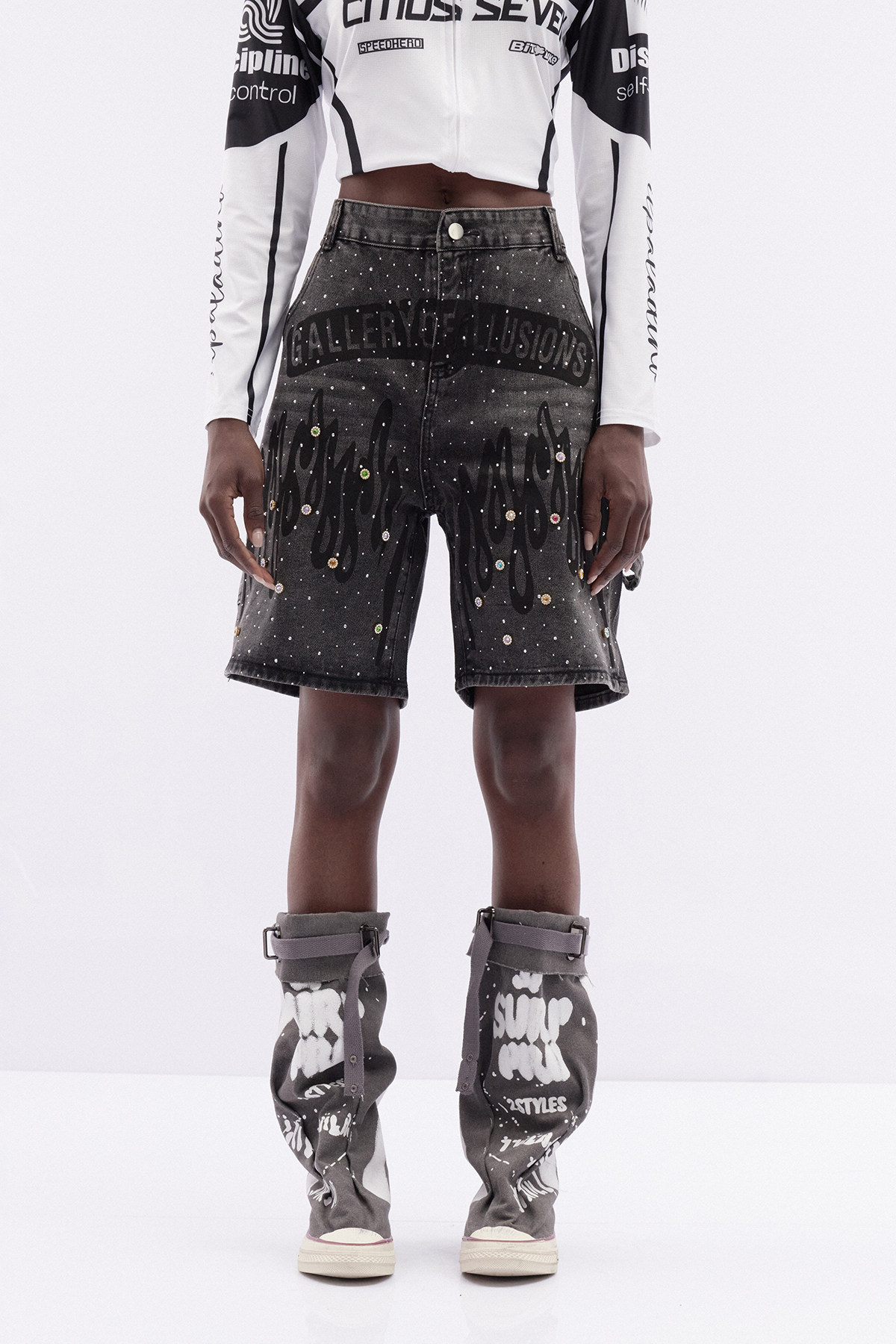 Katniss Print Rhinestone Denim Shorts