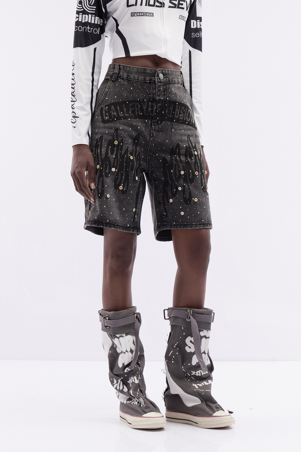 Katniss Print Rhinestone Denim Shorts