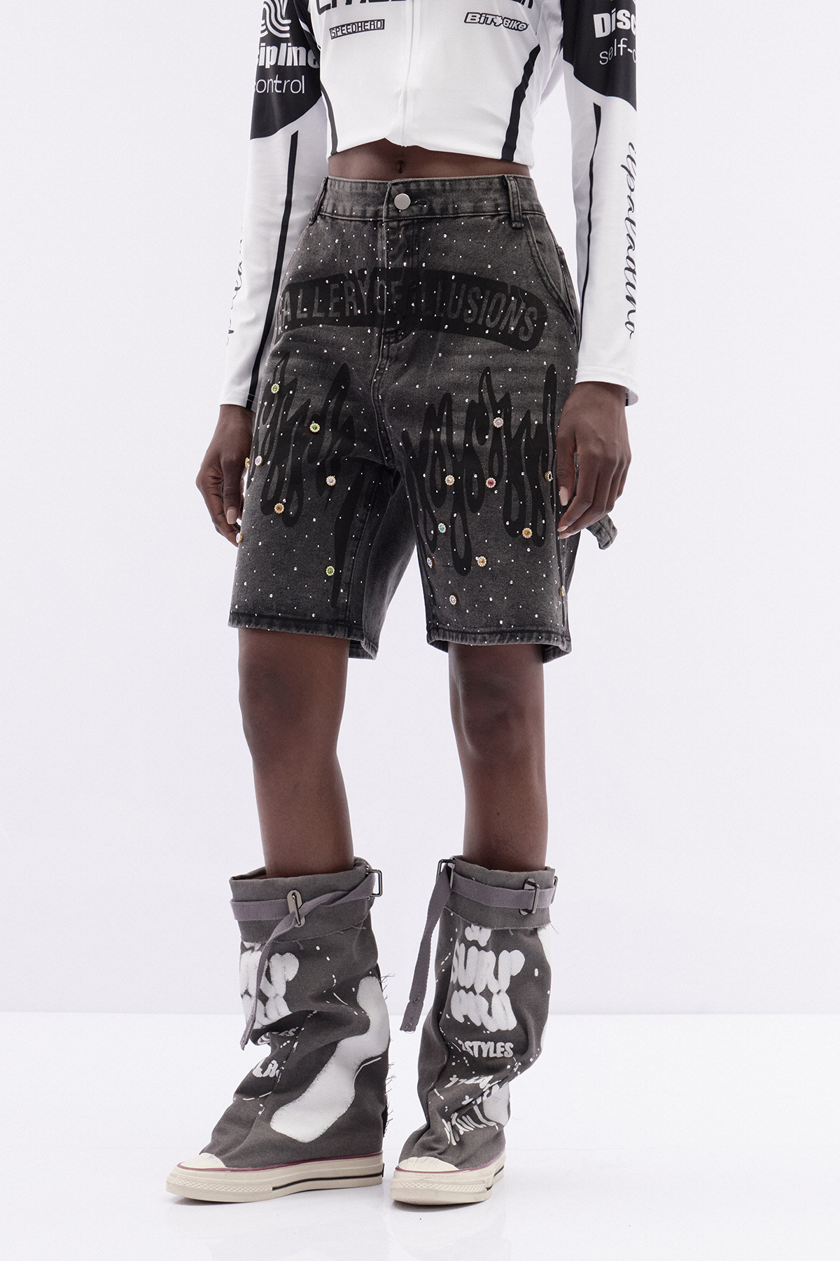 Katniss Print Rhinestone Denim Shorts