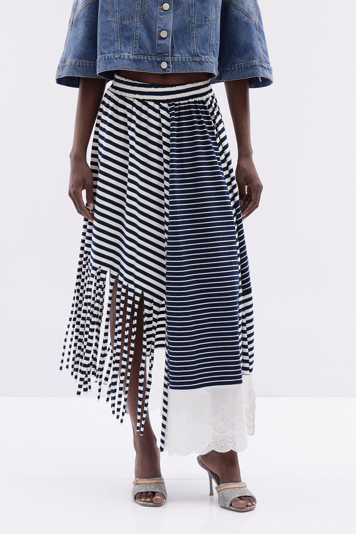 Katrina Asymmetric Stripe Fringe Maxi Skirt