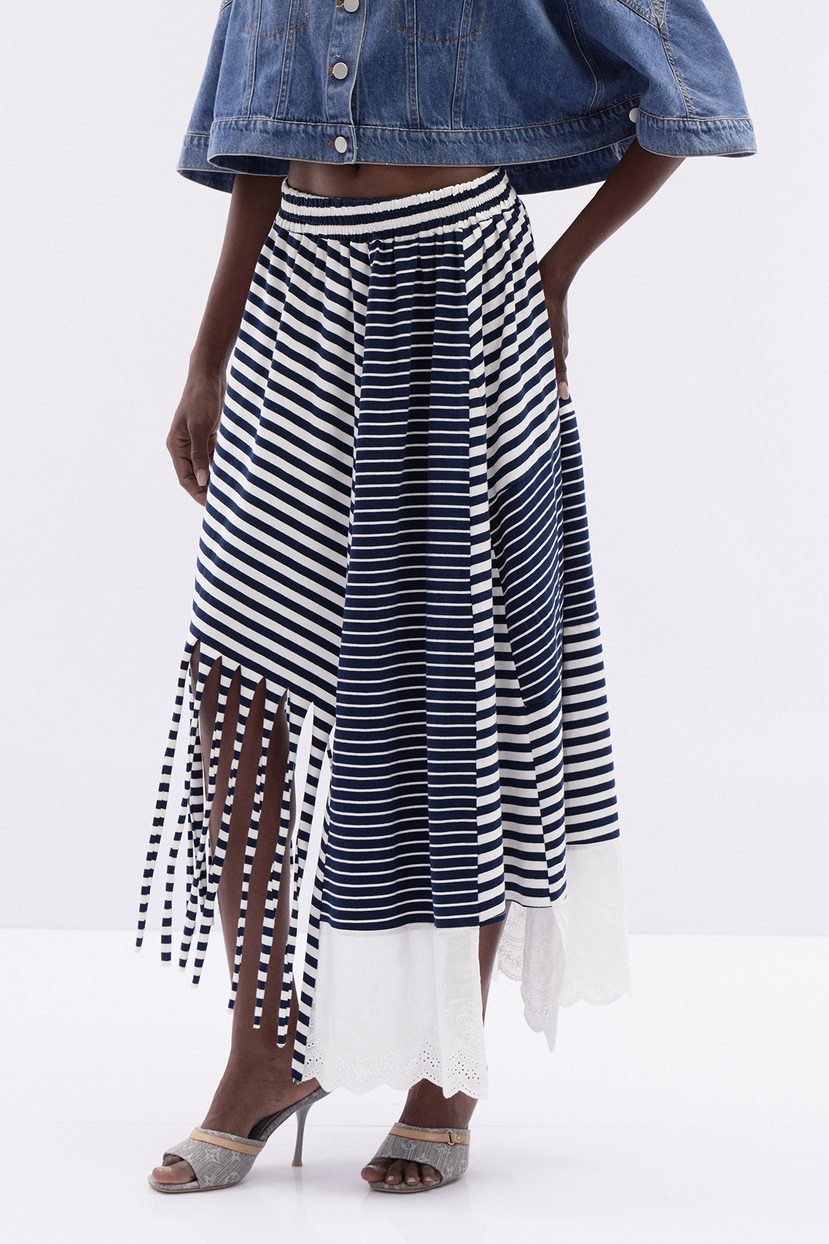 Katrina Asymmetric Stripe Fringe Maxi Skirt