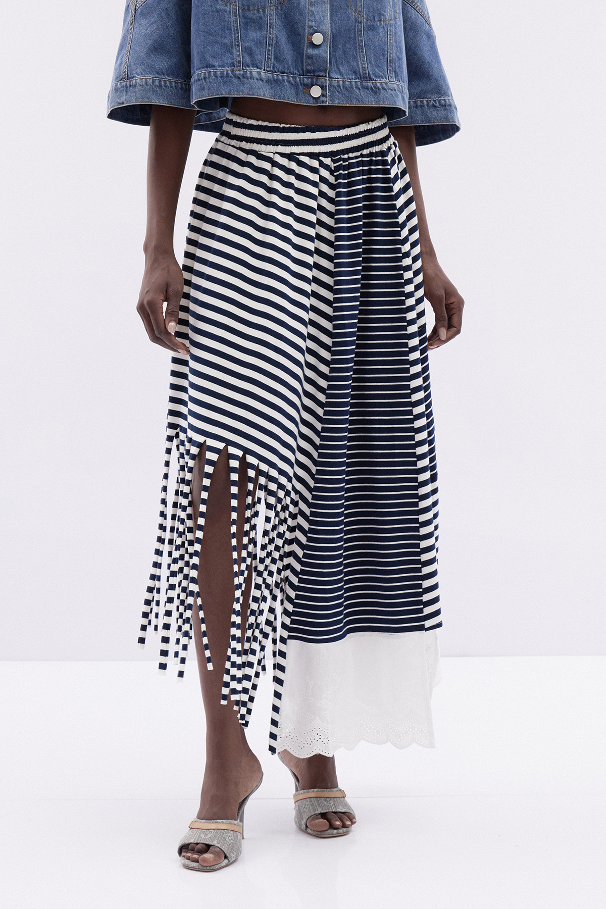 Katrina Asymmetric Stripe Fringe Maxi Skirt