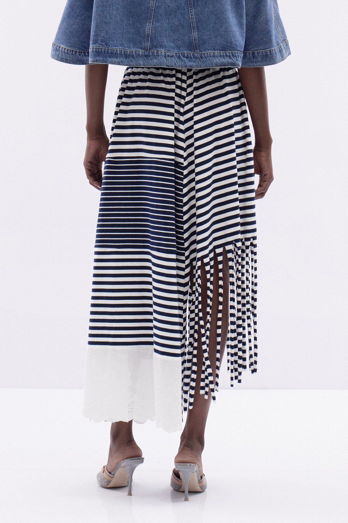 Katrina Asymmetric Stripe Fringe Maxi Skirt