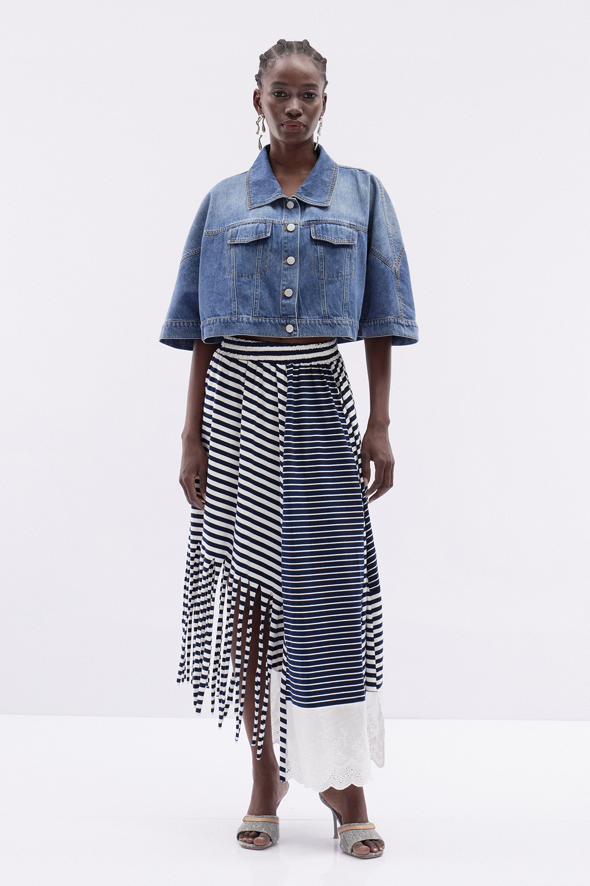 Katrina Asymmetric Stripe Fringe Maxi Skirt