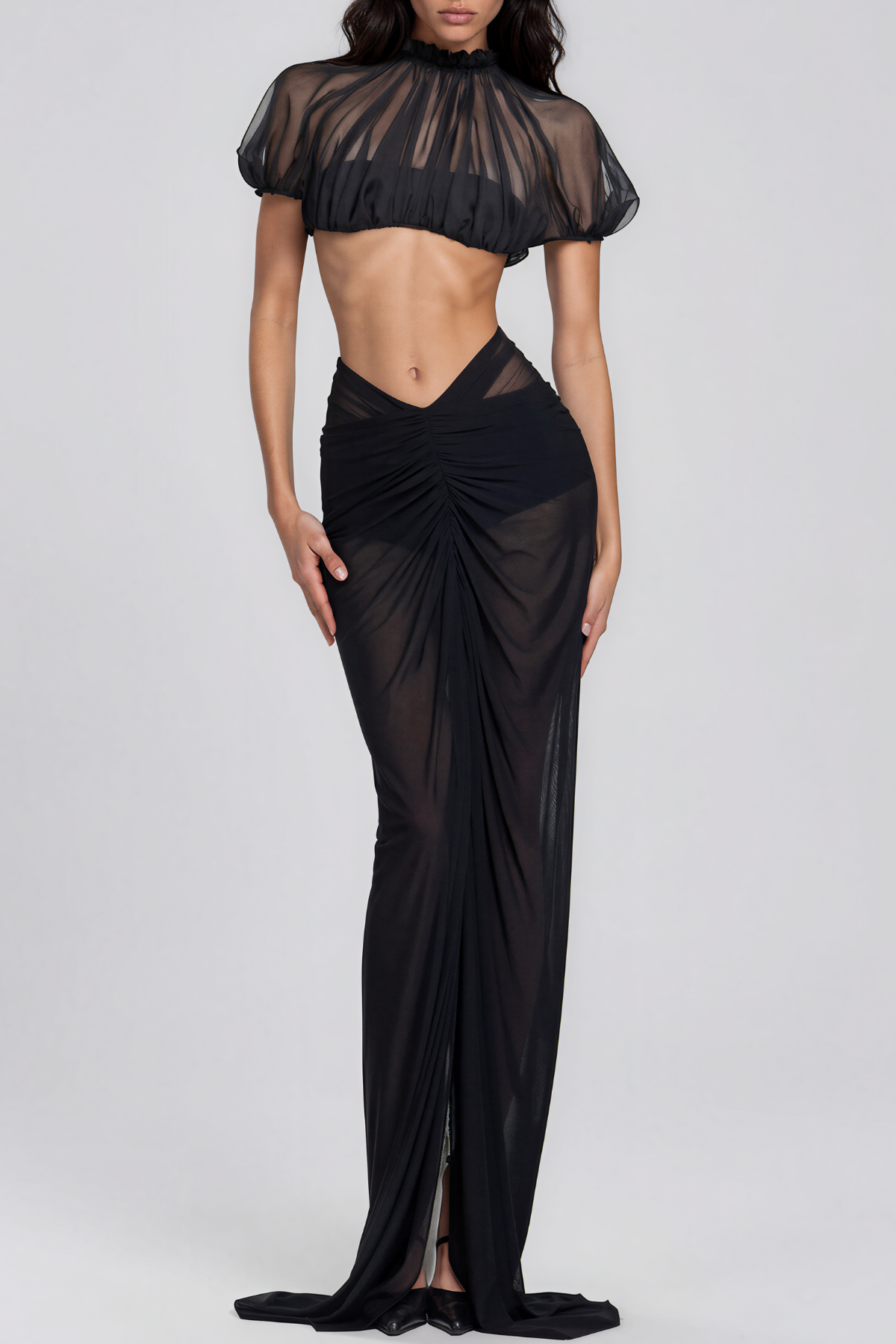 Katz Crop Mesh Ruch Skirt Set