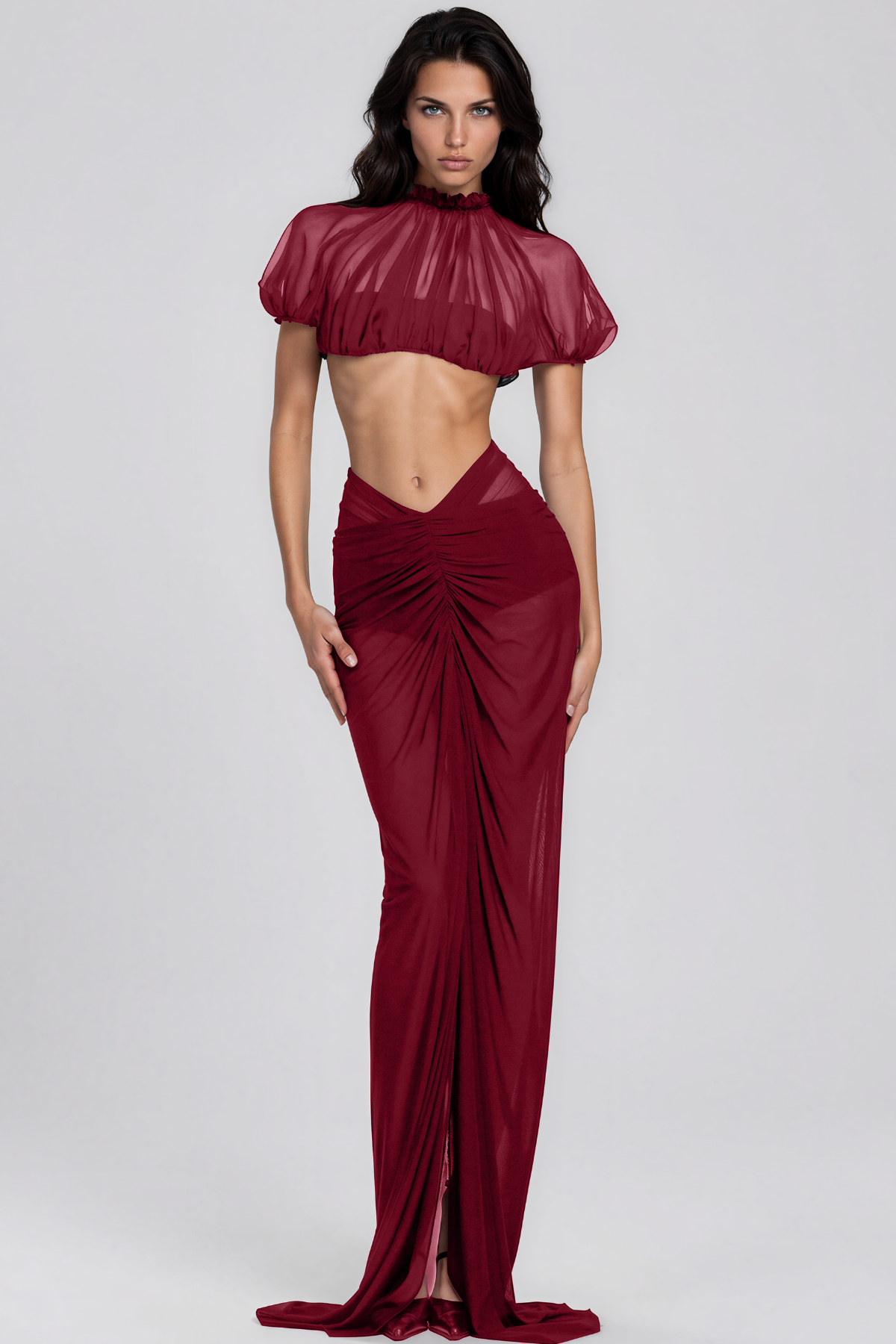 Katz Crop Mesh Ruch Skirt Set In Red