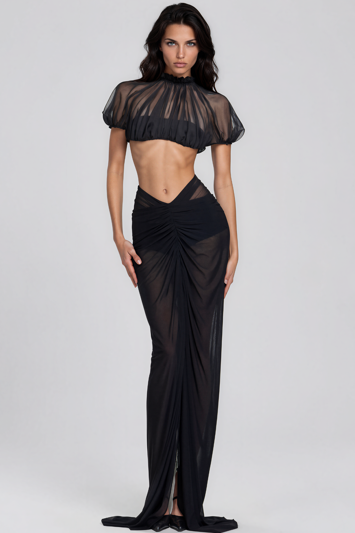 Katz Crop Mesh Ruch Skirt Set